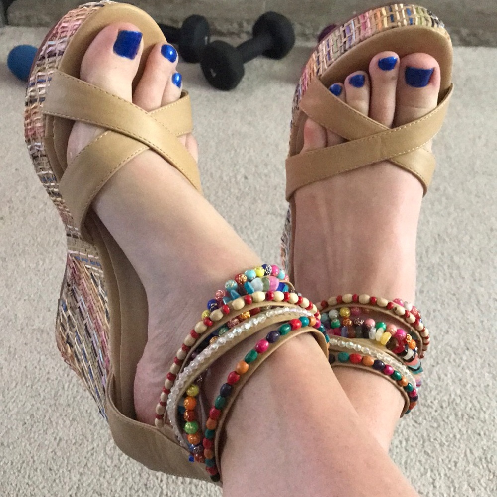 Multicolored wedges with stone beaded ankle straps